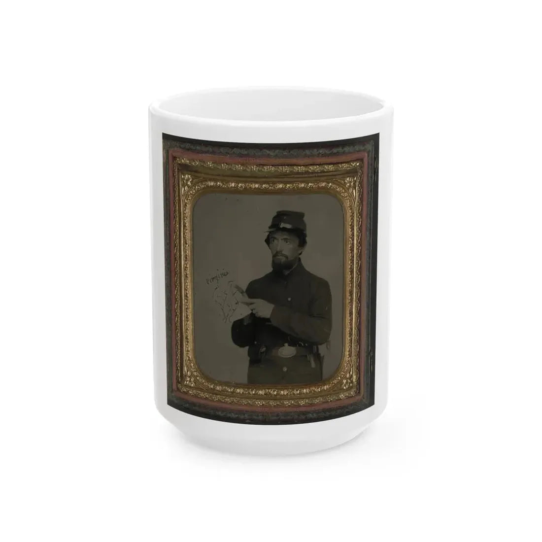 Unidentified Soldier In Union Uniform And U.S. Belt Buckle With Pistol Holding Hand-Drawn Map Of Virginia (U.S. Civil War) White Coffee Mug 15oz - Go Mug Yourself