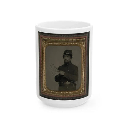 Unidentified Soldier In Union Uniform And U.S. Belt Buckle With Pistol Holding Hand-Drawn Map Of Virginia (U.S. Civil War) White Coffee Mug 15oz - Go Mug Yourself