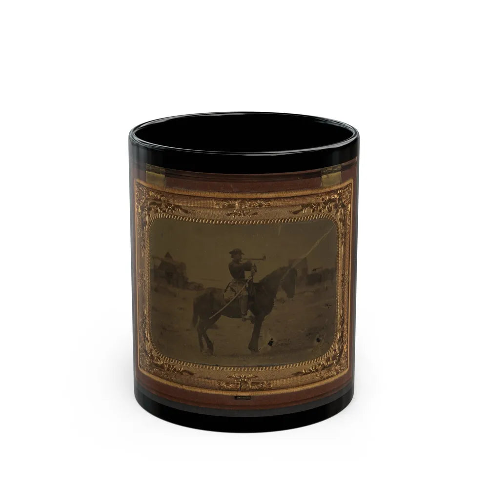 Unidentified Soldier In Union Uniform Atop Horse Blowing Bugle While Unsheathing Sword (U.S. Civil War) Black Coffee Mug-11oz-Go Mug Yourself