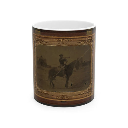 Unidentified Soldier In Union Uniform Atop Horse Blowing Bugle While Unsheathing Sword (U.S. Civil War) White Coffee Mug-11oz-Go Mug Yourself