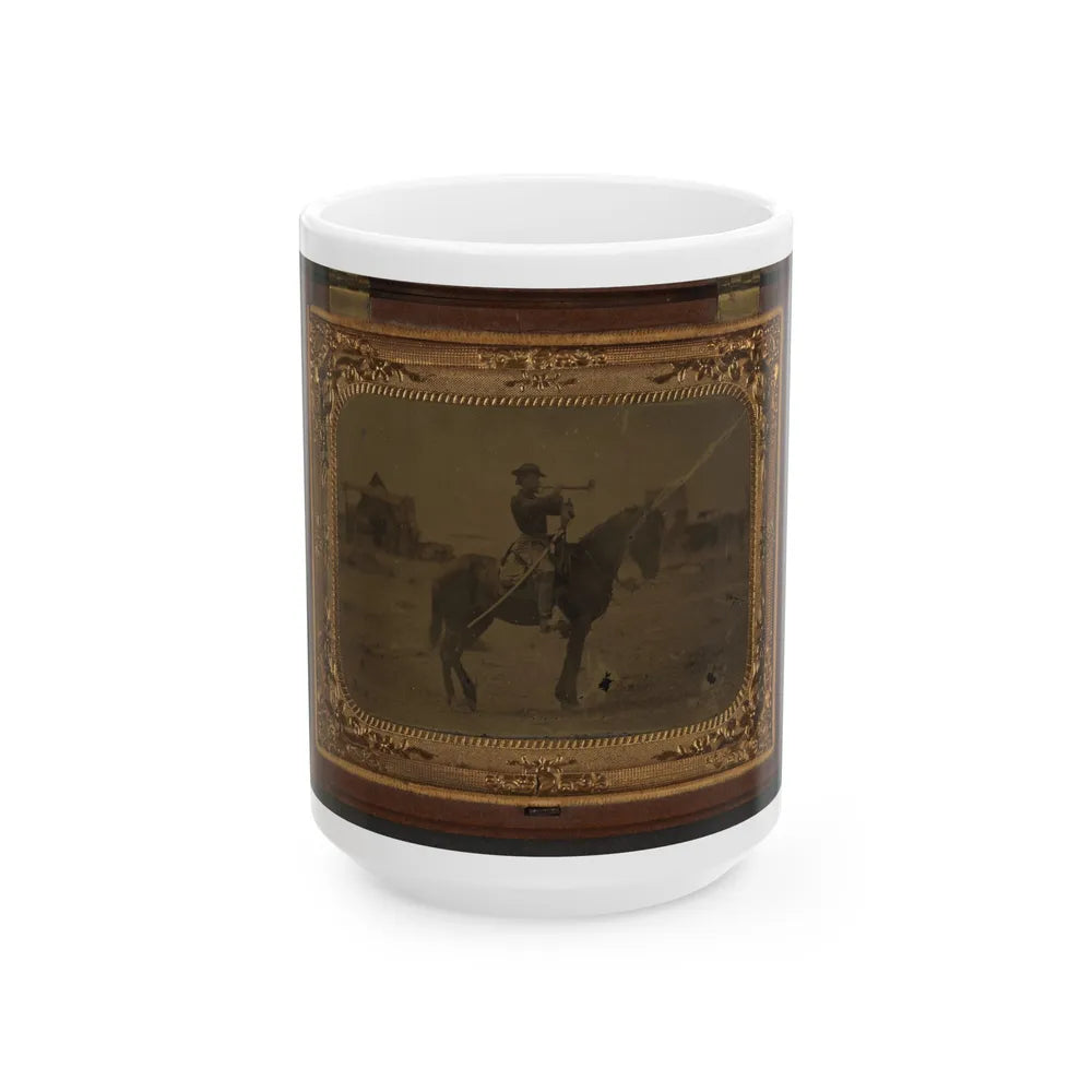 Unidentified Soldier In Union Uniform Atop Horse Blowing Bugle While Unsheathing Sword (U.S. Civil War) White Coffee Mug-15oz-Go Mug Yourself