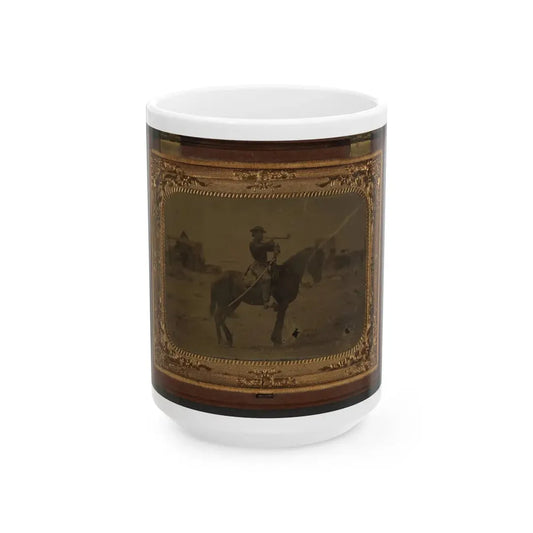 Unidentified Soldier In Union Uniform Atop Horse Blowing Bugle While Unsheathing Sword (U.S. Civil War) White Coffee Mug 15oz - Go Mug Yourself