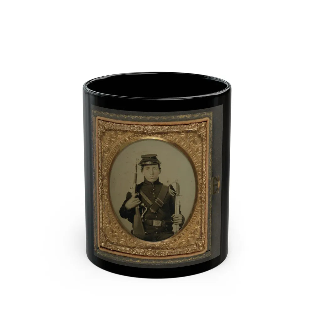 Unidentified Soldier In Union Uniform Holding A U.S. Model 1855 Pistol-Carbine With Attached Shoulder Stock And A Saber (U.S. Civil War) Black Coffee Mug-11oz-Go Mug Yourself