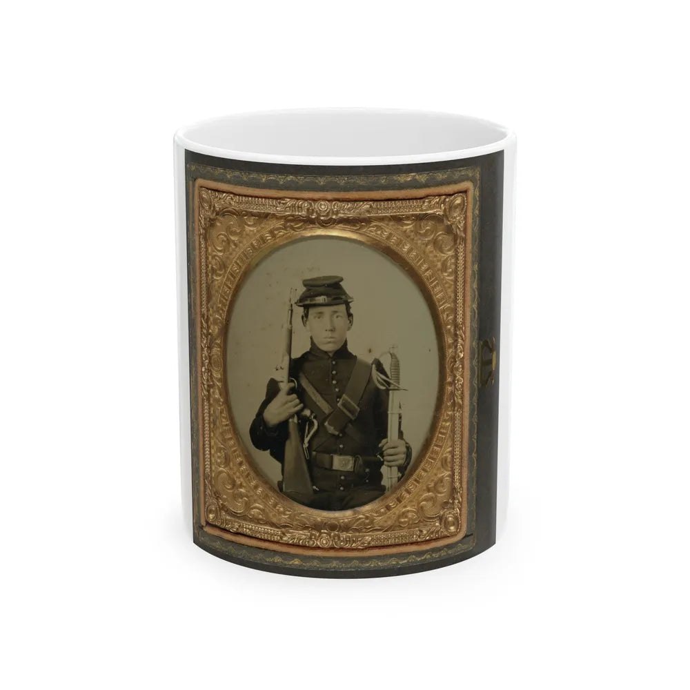 Unidentified Soldier In Union Uniform Holding A U.S. Model 1855 Pistol-Carbine With Attached Shoulder Stock And A Saber (U.S. Civil War) White Coffee Mug-11oz-Go Mug Yourself