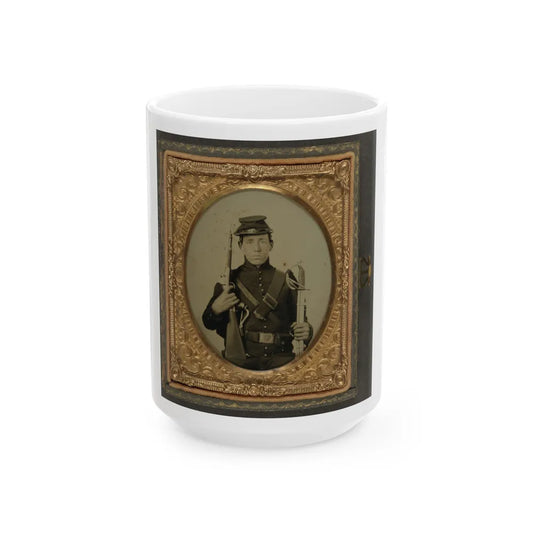 Unidentified Soldier In Union Uniform Holding A U.S. Model 1855 Pistol-Carbine With Attached Shoulder Stock And A Saber (U.S. Civil War) White Coffee Mug-15oz-Go Mug Yourself