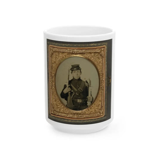 Unidentified Soldier In Union Uniform Holding A U.S. Model 1855 Pistol-Carbine With Attached Shoulder Stock And A Saber (U.S. Civil War) White Coffee Mug 15oz - Go Mug Yourself