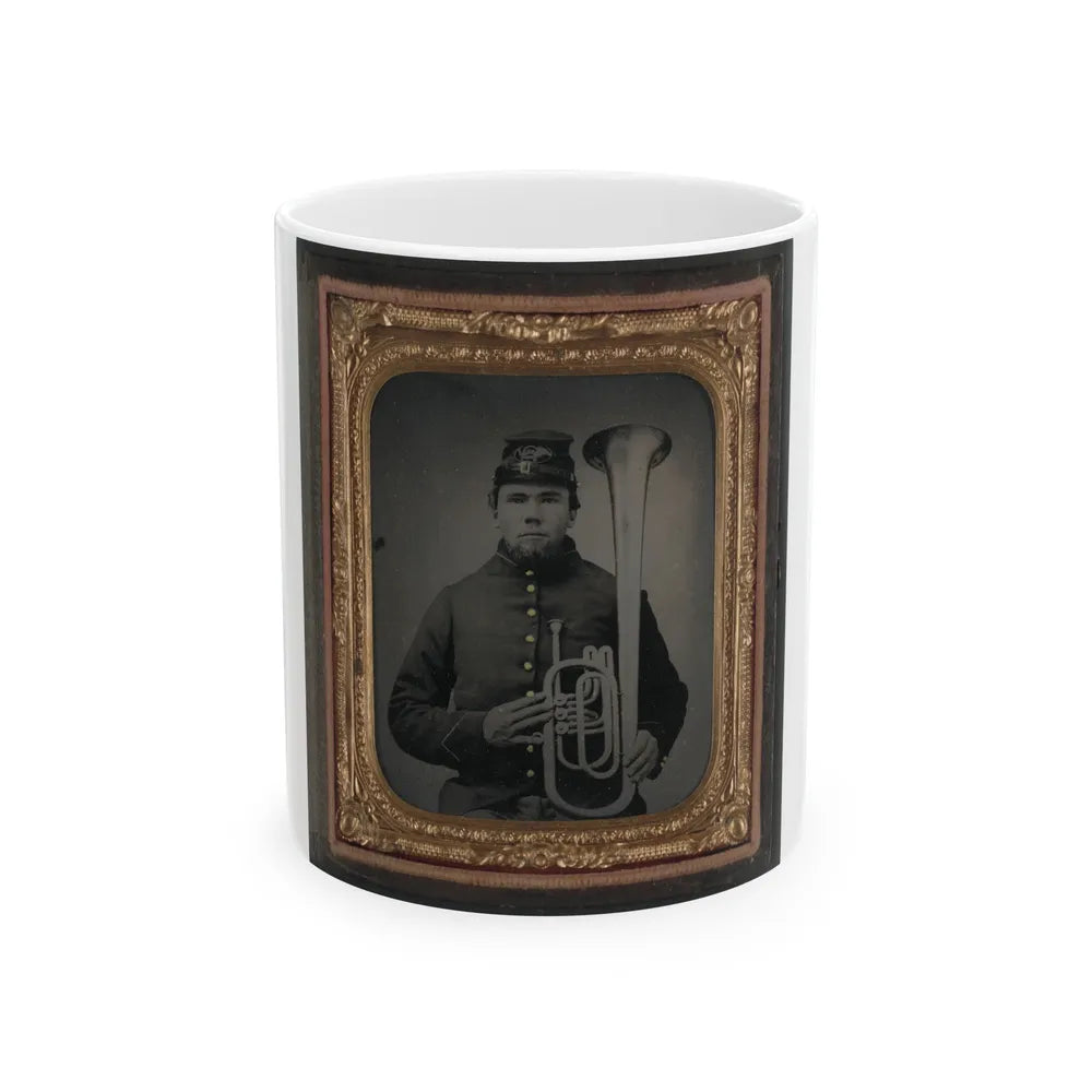 Unidentified Soldier In Union Uniform Holding An Over The Shoulder Saxhorn (U.S. Civil War) White Coffee Mug-11oz-Go Mug Yourself