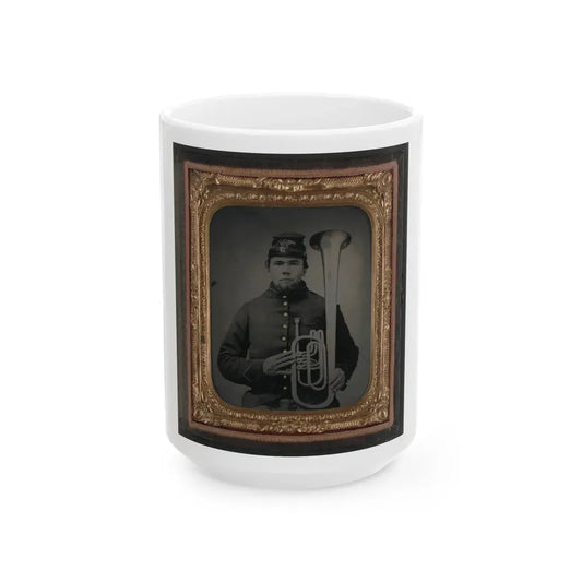 Unidentified Soldier In Union Uniform Holding An Over The Shoulder Saxhorn (U.S. Civil War) White Coffee Mug 15oz - Go Mug Yourself