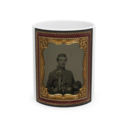 Unidentified Soldier In Union Uniform Holding Kepi With Cavalry Insignia, Cavalry Saber, And Smith And Wesson Revolver (U.S. Civil War) White Coffee Mug-11oz-Go Mug Yourself