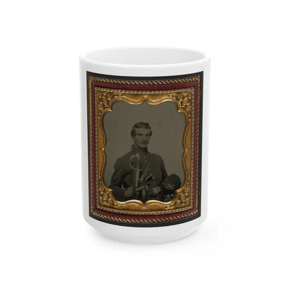 Unidentified Soldier In Union Uniform Holding Kepi With Cavalry Insignia, Cavalry Saber, And Smith And Wesson Revolver (U.S. Civil War) White Coffee Mug-15oz-Go Mug Yourself