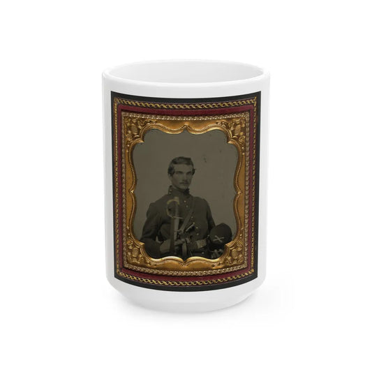 Unidentified Soldier In Union Uniform Holding Kepi With Cavalry Insignia, Cavalry Saber, And Smith And Wesson Revolver (U.S. Civil War) White Coffee Mug-15oz-Go Mug Yourself