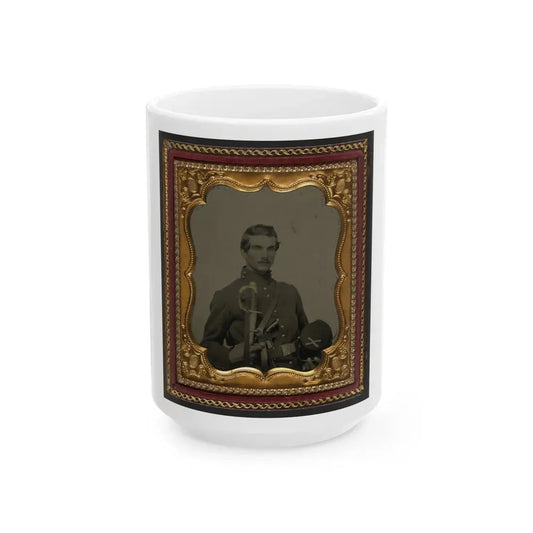Unidentified Soldier In Union Uniform Holding Kepi With Cavalry Insignia, Cavalry Saber, And Smith And Wesson Revolver (U.S. Civil War) White Coffee Mug 15oz - Go Mug Yourself