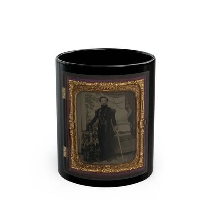 Unidentified Soldier In Union Uniform Holding Sword, With Company D Artillery Regiment Shako Hat On Table Beside Him (U.S. Civil War) Black Coffee Mug-11oz-Go Mug Yourself