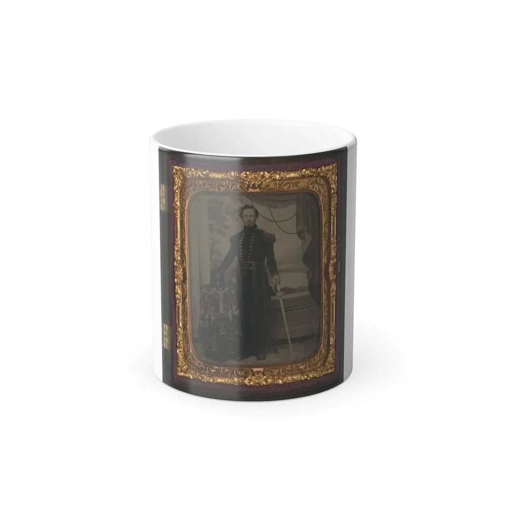 Unidentified Soldier in Union Uniform Holding Sword, With Company D Artillery Regiment Shako Hat on Table Beside Him (U.S. Civil War) Color Changing Coffee Mug 11oz-11oz-Go Mug Yourself
