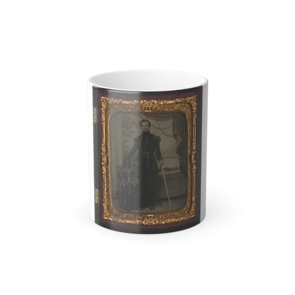 Unidentified Soldier in Union Uniform Holding Sword, With Company D Artillery Regiment Shako Hat on Table Beside Him (U.S. Civil War) Color Changing Coffee Mug 11oz-11oz-Go Mug Yourself