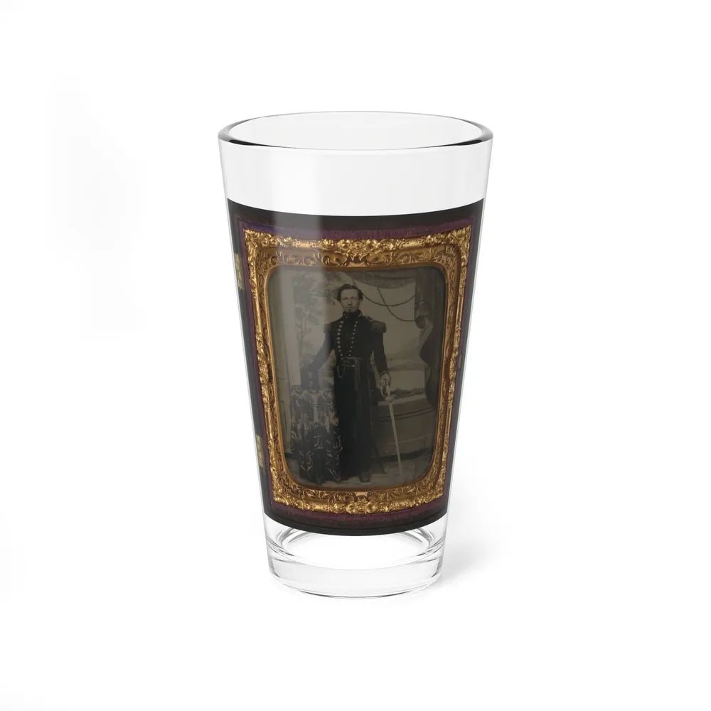 Unidentified Soldier In Union Uniform Holding Sword, With Company D Artillery Regiment Shako Hat On Table Beside Him (U.S. Civil War) Pint Glass 16oz-16oz-Go Mug Yourself