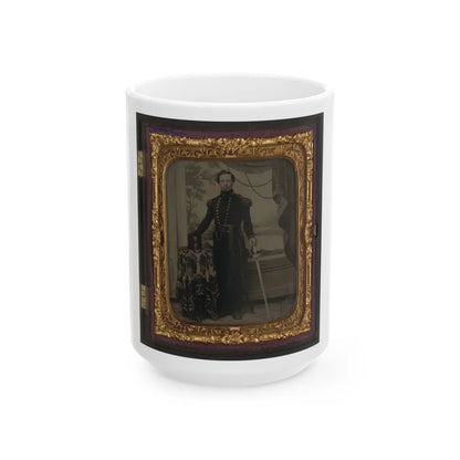 Unidentified Soldier In Union Uniform Holding Sword, With Company D Artillery Regiment Shako Hat On Table Beside Him (U.S. Civil War) White Coffee Mug-15oz-Go Mug Yourself