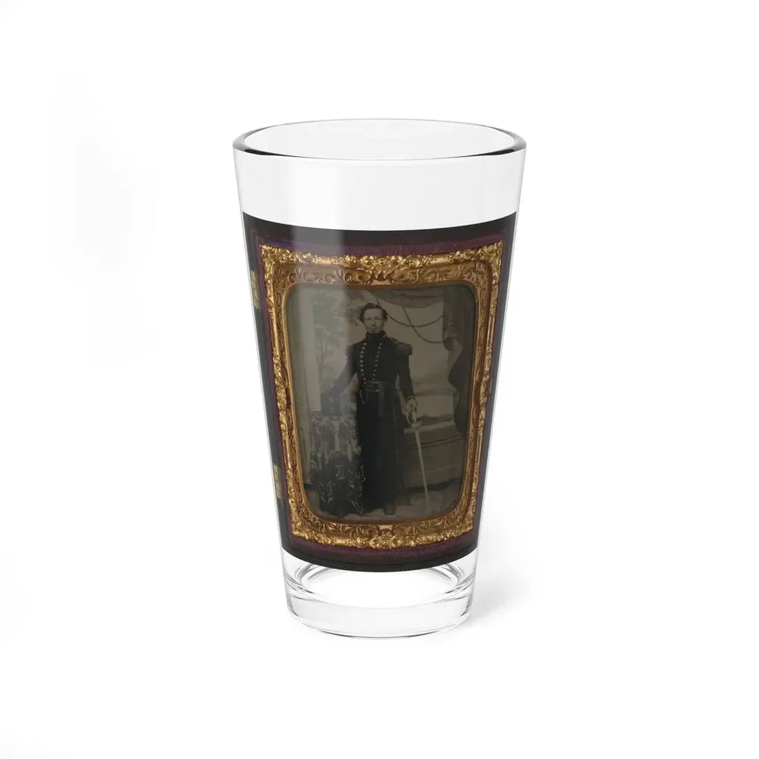 Unidentified Soldier In Union Uniform Holding Sword, With Company D Artillery Regiment Shako Hat On Table Beside Him (U.S. Civil War) Pint Glass 16oz 16oz - Go Mug Yourself
