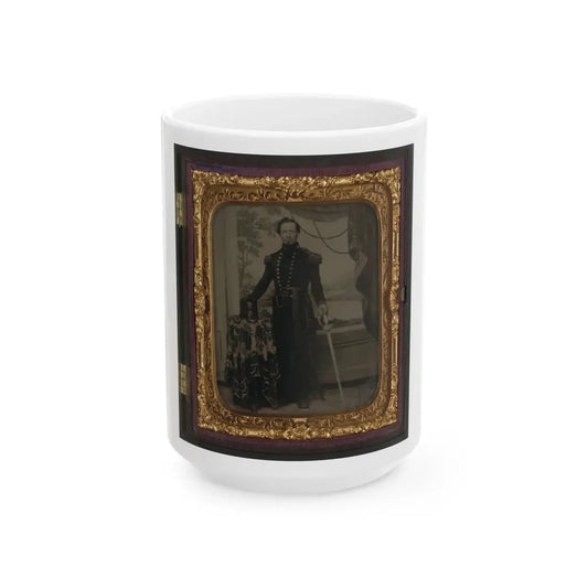 Unidentified Soldier In Union Uniform Holding Sword, With Company D Artillery Regiment Shako Hat On Table Beside Him (U.S. Civil War) White Coffee Mug 15oz - Go Mug Yourself