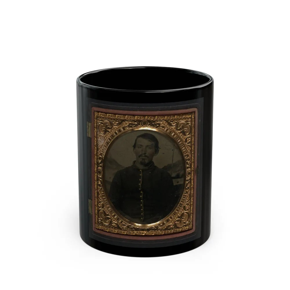 Unidentified Soldier In Union Uniform In Front Of Painted Backdrop Showing Landscape 001 (U.S. Civil War) Black Coffee Mug-11oz-Go Mug Yourself