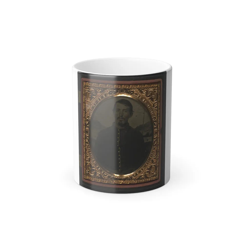 Unidentified Soldier in Union Uniform in Front of Painted Backdrop Showing Landscape 001 (U.S. Civil War) Color Changing Coffee Mug 11oz-11oz-Go Mug Yourself