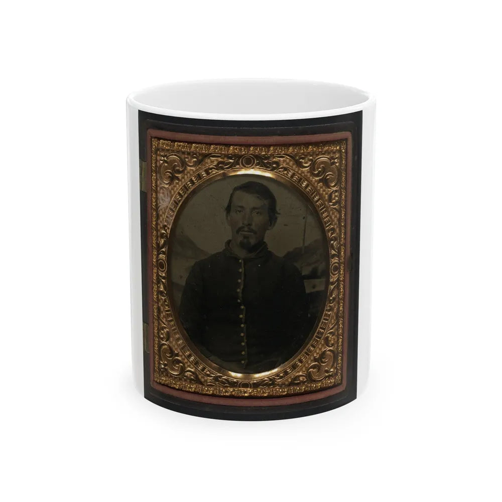 Unidentified Soldier In Union Uniform In Front Of Painted Backdrop Showing Landscape 001 (U.S. Civil War) White Coffee Mug-11oz-Go Mug Yourself