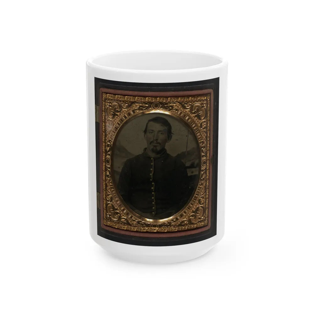 Unidentified Soldier In Union Uniform In Front Of Painted Backdrop Showing Landscape 001 (U.S. Civil War) White Coffee Mug-15oz-Go Mug Yourself