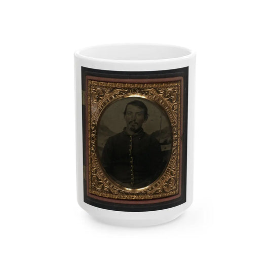 Unidentified Soldier In Union Uniform In Front Of Painted Backdrop Showing Landscape 001 (U.S. Civil War) White Coffee Mug-15oz-Go Mug Yourself