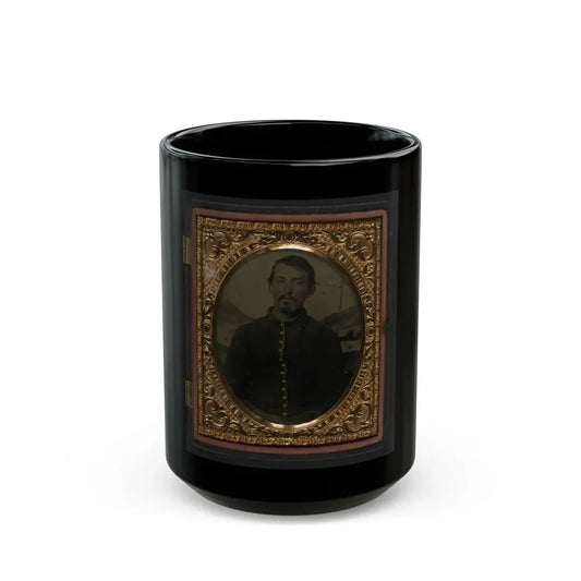 Unidentified Soldier In Union Uniform In Front Of Painted Backdrop Showing Landscape 001 (U.S. Civil War) Black Coffee Mug 15oz - Go Mug Yourself