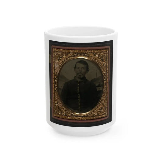 Unidentified Soldier In Union Uniform In Front Of Painted Backdrop Showing Landscape 001 (U.S. Civil War) White Coffee Mug 15oz - Go Mug Yourself