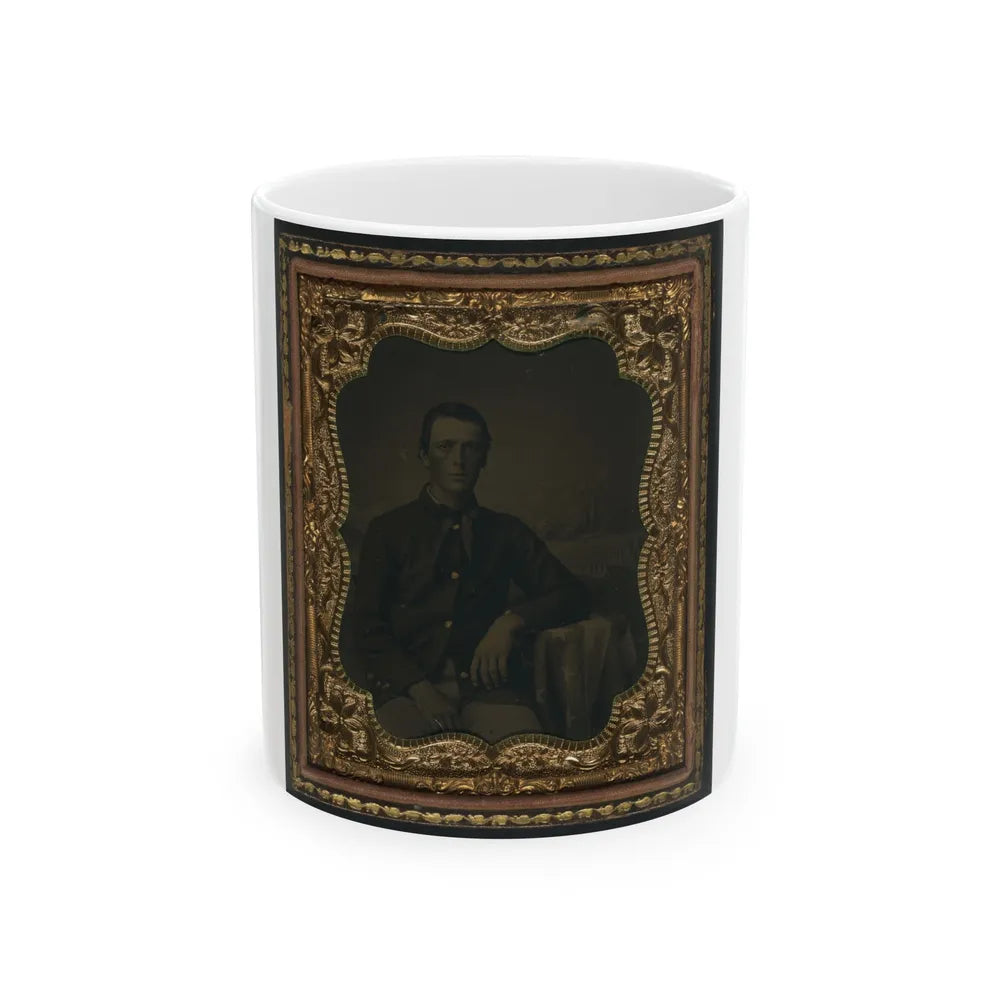 Unidentified Soldier In Union Uniform In Front Of Painted Backdrop Showing Landscape (U.S. Civil War) White Coffee Mug-11oz-Go Mug Yourself