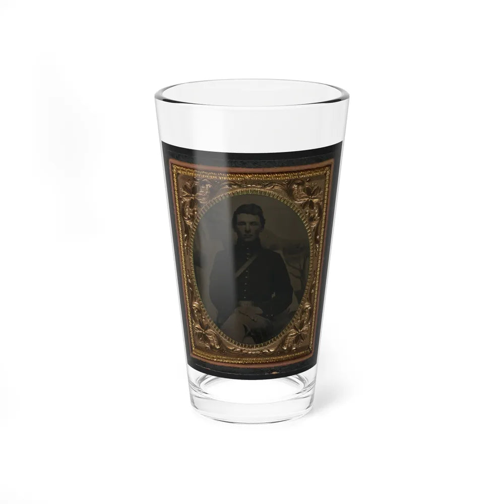 Unidentified Soldier In Union Uniform In Front Of Painted Backdrop Showing Military Camp 001 (U.S. Civil War) Pint Glass 16oz-16oz-Go Mug Yourself