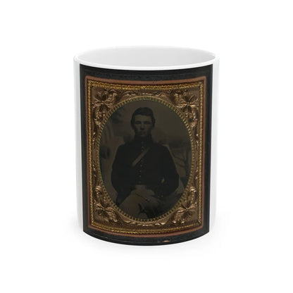 Unidentified Soldier In Union Uniform In Front Of Painted Backdrop Showing Military Camp 001 (U.S. Civil War) White Coffee Mug-11oz-Go Mug Yourself