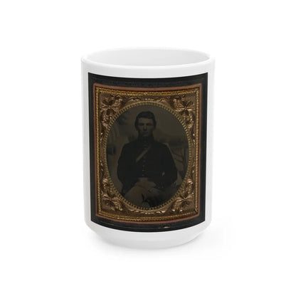 Unidentified Soldier In Union Uniform In Front Of Painted Backdrop Showing Military Camp 001 (U.S. Civil War) White Coffee Mug-15oz-Go Mug Yourself