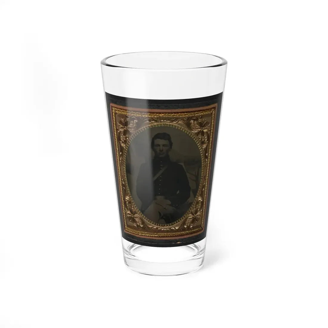 Unidentified Soldier In Union Uniform In Front Of Painted Backdrop Showing Military Camp 001 (U.S. Civil War) Pint Glass 16oz 16oz - Go Mug Yourself