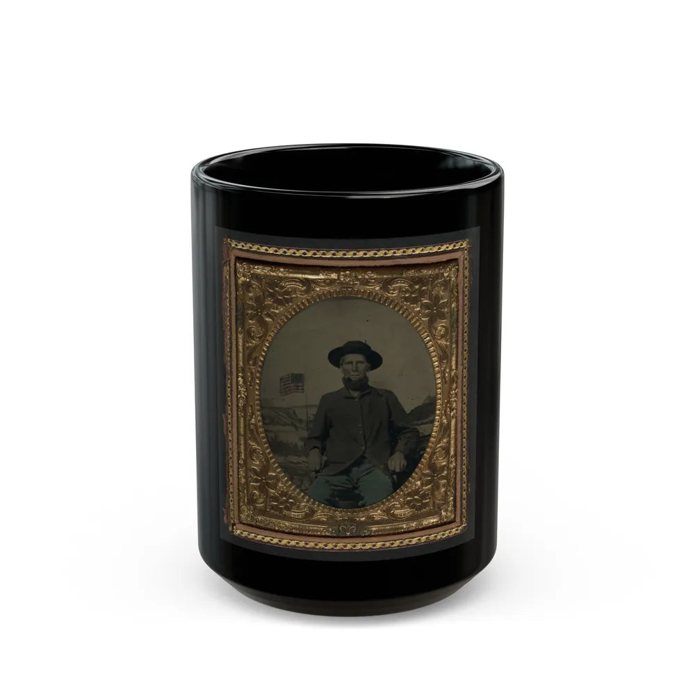 Unidentified Soldier In Union Uniform In Front Of Painted Backdrop Showing Military Camp (U.S. Civil War) Black Coffee Mug-15oz-Go Mug Yourself