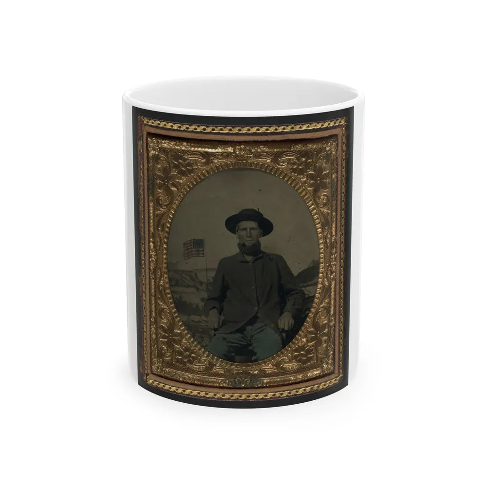 Unidentified Soldier In Union Uniform In Front Of Painted Backdrop Showing Military Camp (U.S. Civil War) White Coffee Mug-11oz-Go Mug Yourself