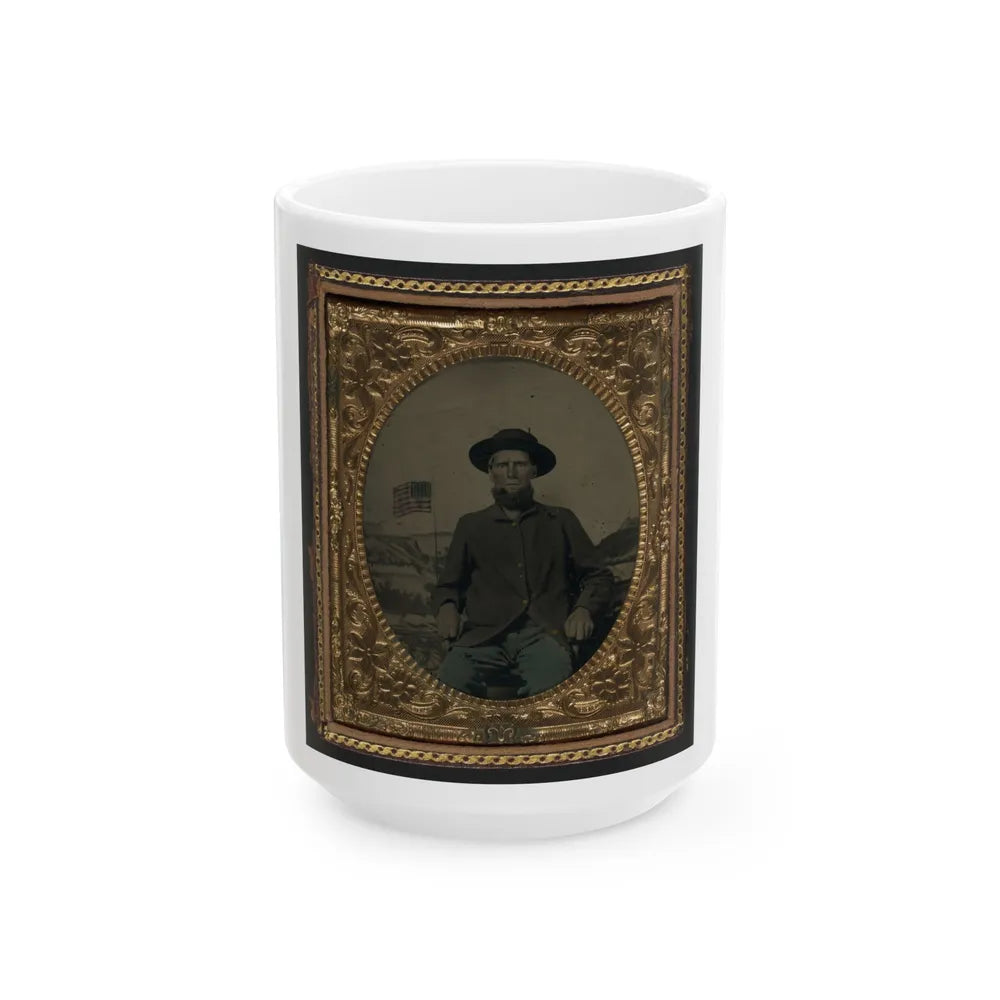 Unidentified Soldier In Union Uniform In Front Of Painted Backdrop Showing Military Camp (U.S. Civil War) White Coffee Mug-15oz-Go Mug Yourself