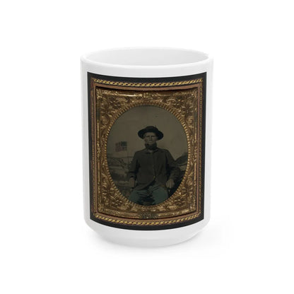 Unidentified Soldier In Union Uniform In Front Of Painted Backdrop Showing Military Camp (U.S. Civil War) White Coffee Mug-15oz-Go Mug Yourself