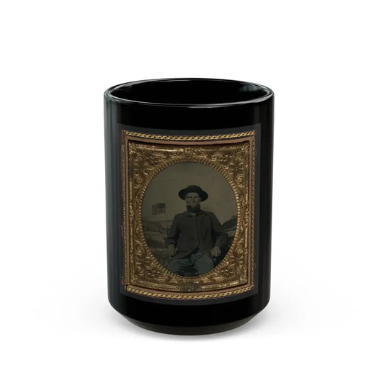 Unidentified Soldier In Union Uniform In Front Of Painted Backdrop Showing Military Camp (U.S. Civil War) Black Coffee Mug 15oz - Go Mug Yourself