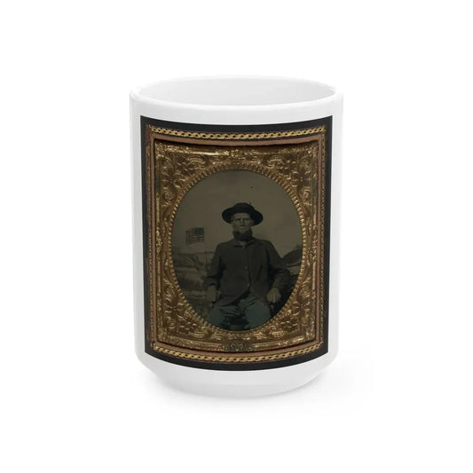 Unidentified Soldier In Union Uniform In Front Of Painted Backdrop Showing Military Camp (U.S. Civil War) White Coffee Mug 15oz - Go Mug Yourself