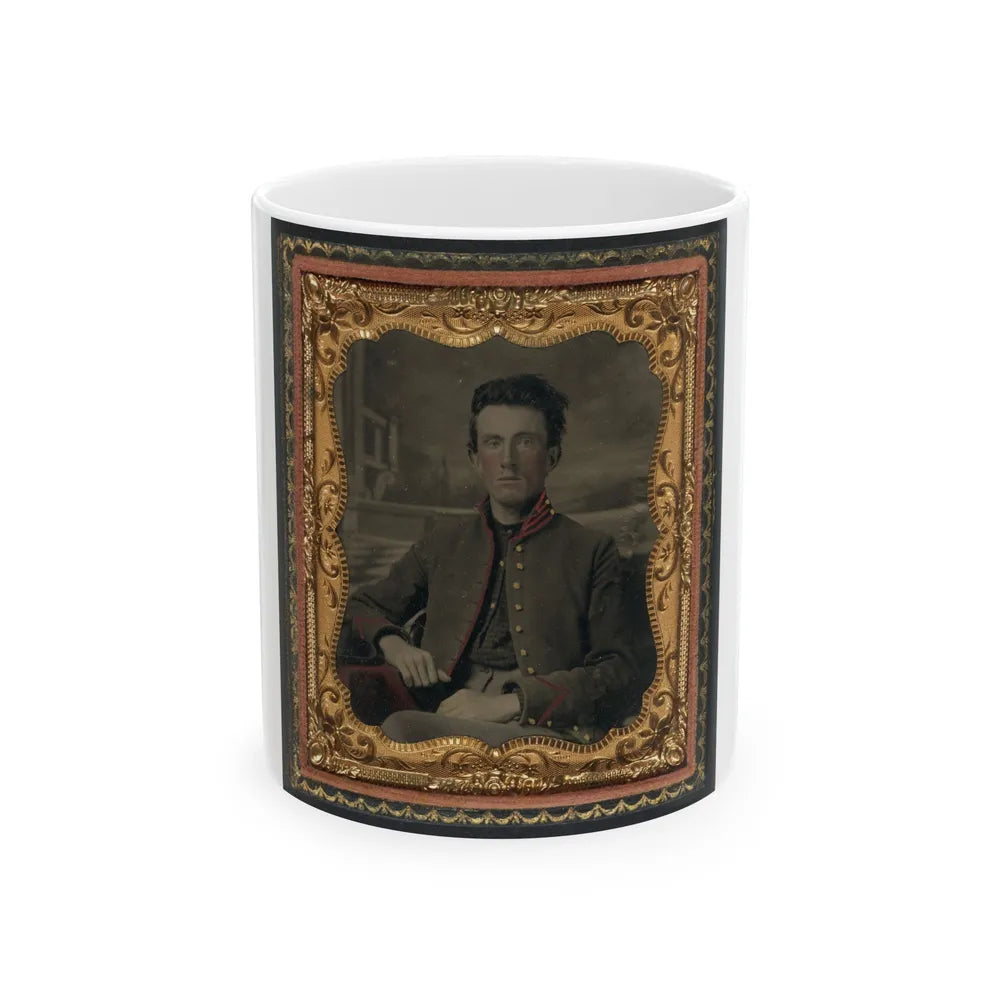 Unidentified Soldier In Union Uniform In Front Of Painted Backdrop Showing Porch And Terrace (U.S. Civil War) White Coffee Mug-11oz-Go Mug Yourself