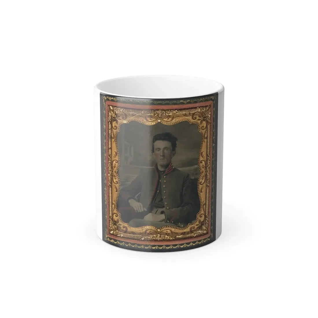 Unidentified Soldier in Union Uniform in Front of Painted Backdrop Showing Porch and Terrace (U.S. Civil War) Color Changing Coffee Mug 11oz Default Title 11oz - Go Mug Yourself