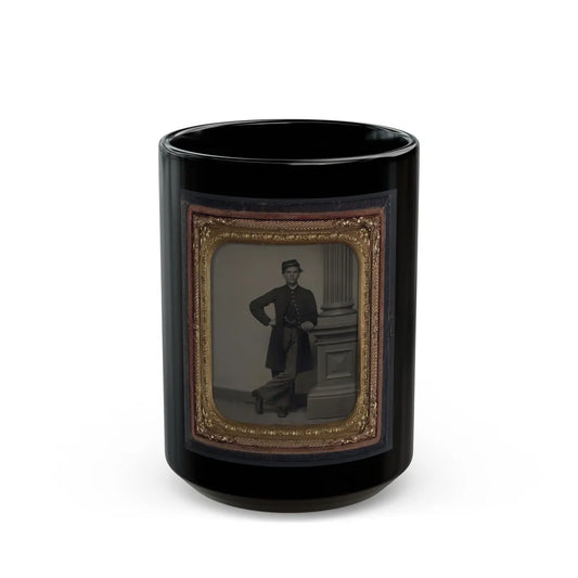 Unidentified Soldier In Union Uniform In Front Of Posing Stand And Leaning Against Column (U.S. Civil War) Black Coffee Mug-15oz-Go Mug Yourself