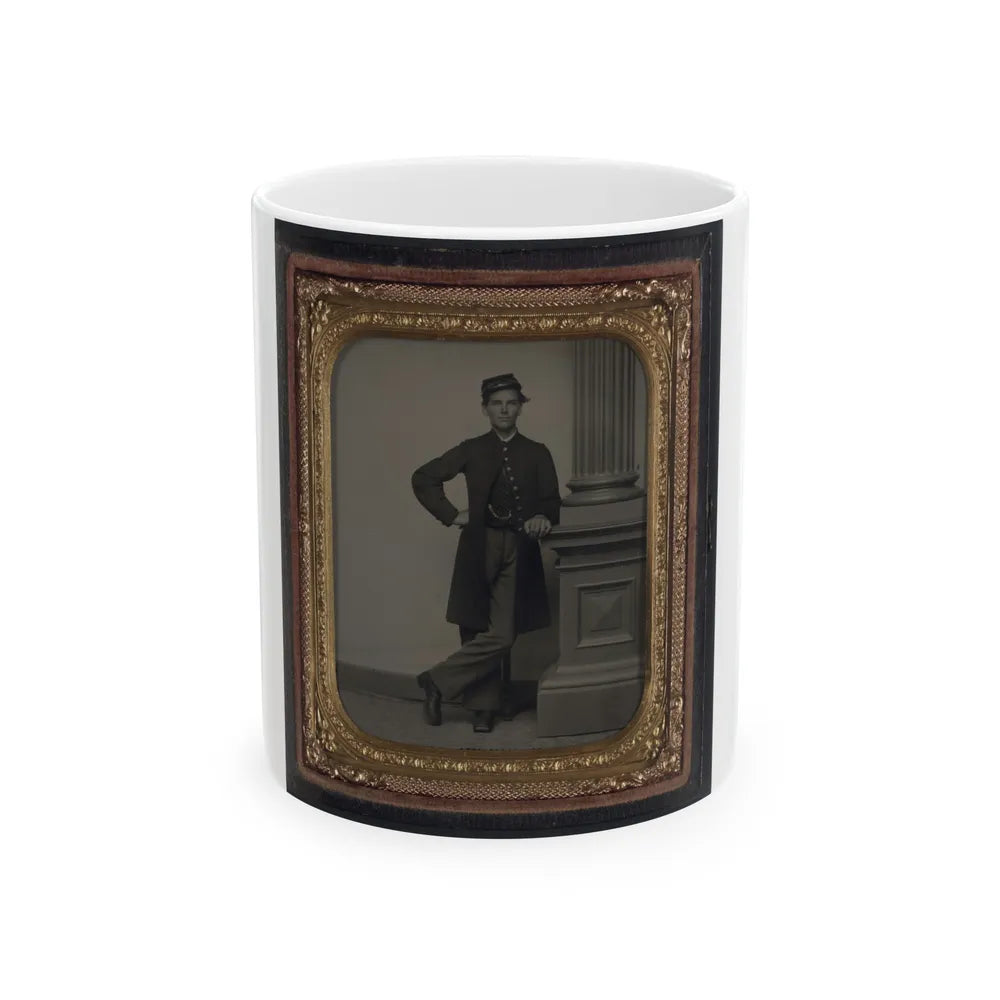 Unidentified Soldier In Union Uniform In Front Of Posing Stand And Leaning Against Column (U.S. Civil War) White Coffee Mug-11oz-Go Mug Yourself