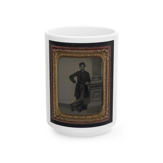 Unidentified Soldier In Union Uniform In Front Of Posing Stand And Leaning Against Column (U.S. Civil War) White Coffee Mug-15oz-Go Mug Yourself