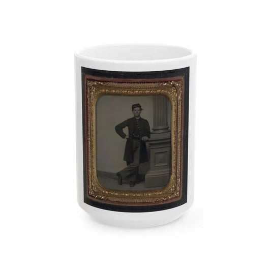 Unidentified Soldier In Union Uniform In Front Of Posing Stand And Leaning Against Column (U.S. Civil War) White Coffee Mug 15oz - Go Mug Yourself