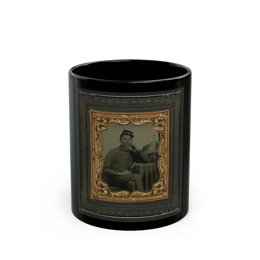 Unidentified Soldier In Union Uniform Next To Draped Table In Front Of Painted Backdrop Showing Fort Scene (U.S. Civil War) Black Coffee Mug-11oz-Go Mug Yourself