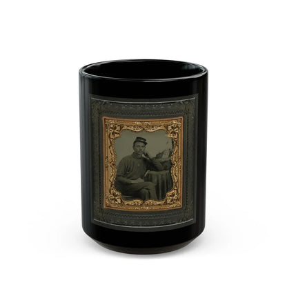 Unidentified Soldier In Union Uniform Next To Draped Table In Front Of Painted Backdrop Showing Fort Scene (U.S. Civil War) Black Coffee Mug-15oz-Go Mug Yourself