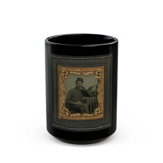 Unidentified Soldier In Union Uniform Next To Draped Table In Front Of Painted Backdrop Showing Fort Scene (U.S. Civil War) Black Coffee Mug-15oz-Go Mug Yourself